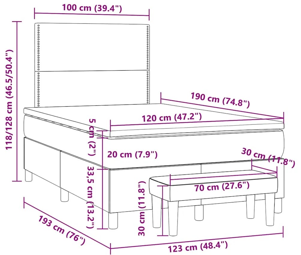 Cama boxspring com colchão 120x190 cm tecido cinzento-claro