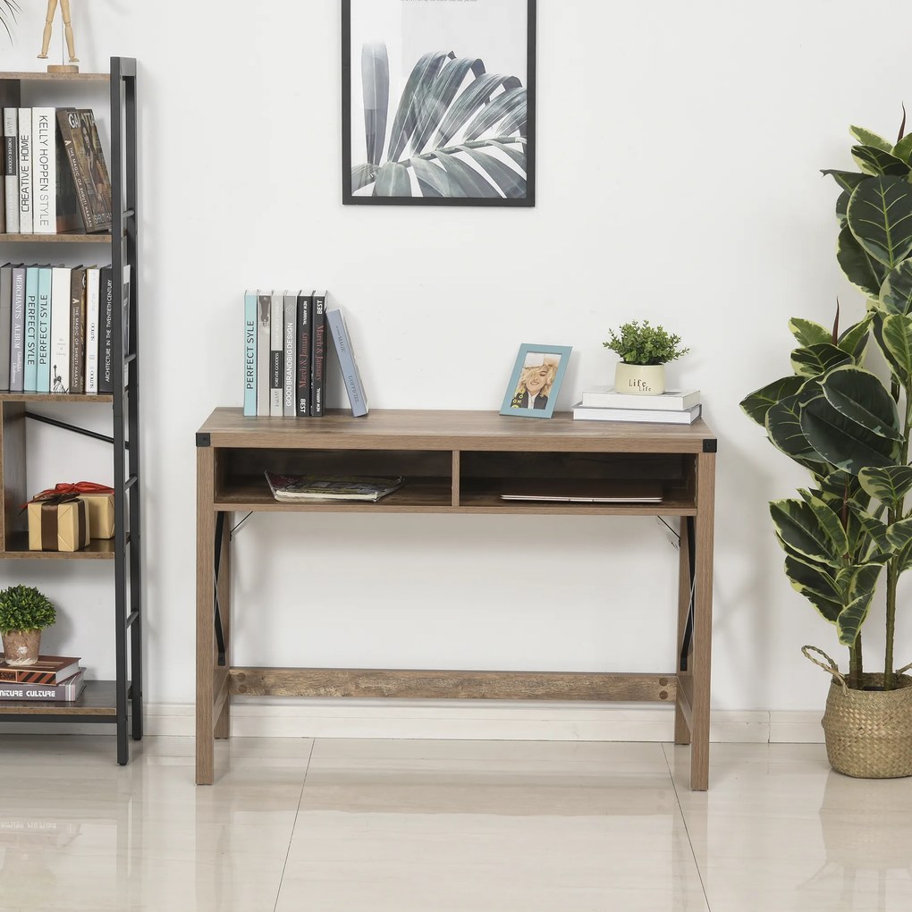 Secretária de design industrial com tampo grande, 2 compartimentos abertos metálicos pretos e painéis de aglomerado com imitação de madeira com veios