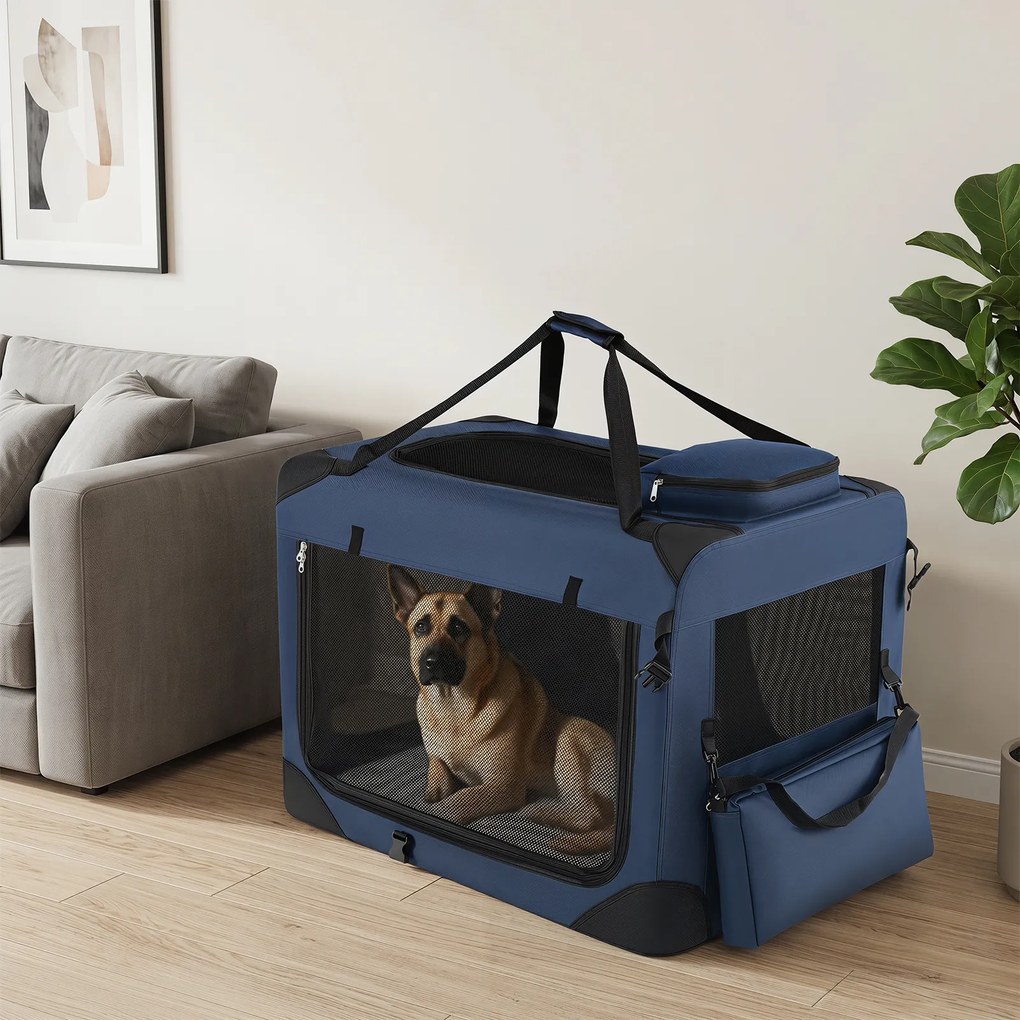 Transportadora dobrável tamanho L 83,5 x 58 x 58 cm para animais de estimação, com janelas de rede, 3 portas, cama felpuda e bolsos removíveis, para u