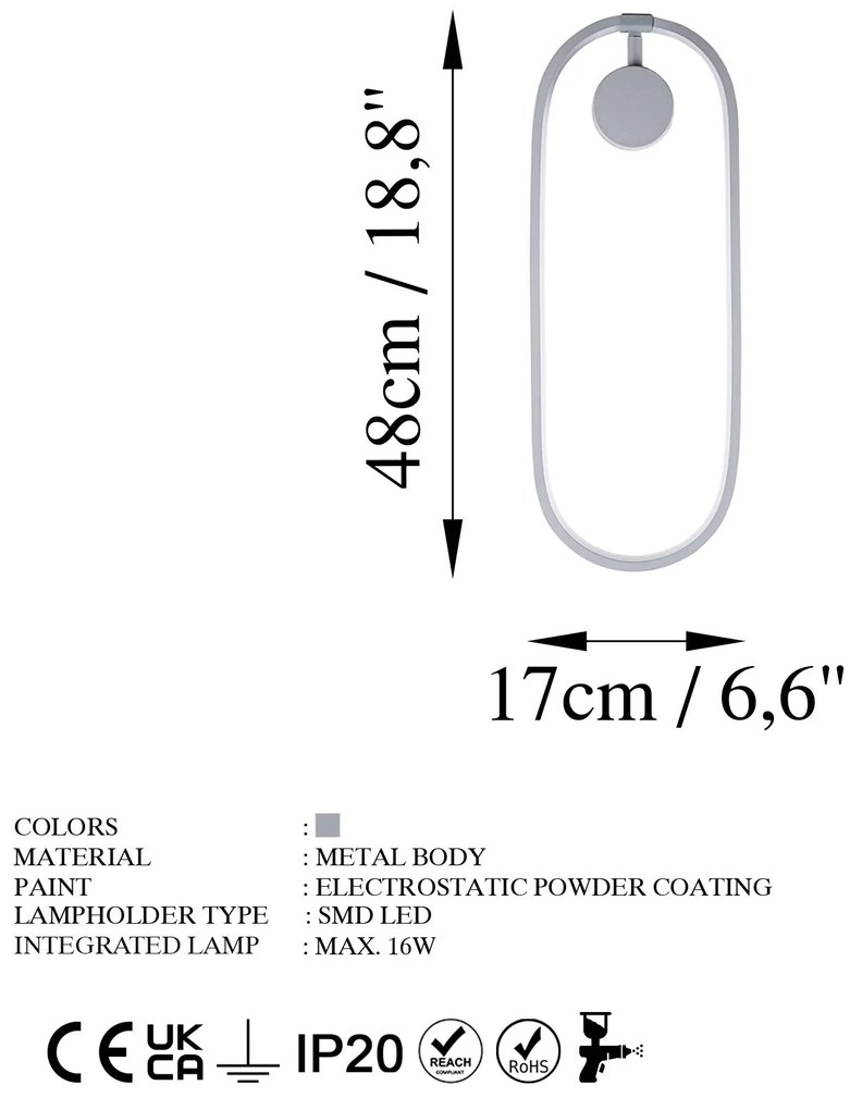 Candeeiro de Parede Can – Cinzento – 17x48x10 cm