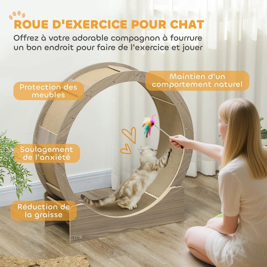 Roda de exercício para gatos, roda de corrida para gatos, com travão de segurança e tapete para arranhar removível e silencioso, 91 cm, castanho