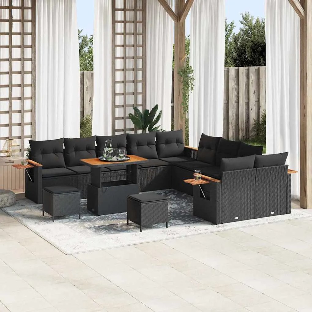 Conjunto de Sofá de Jardim com Almofadas vidaXL de 13 Peças Preto Ratt