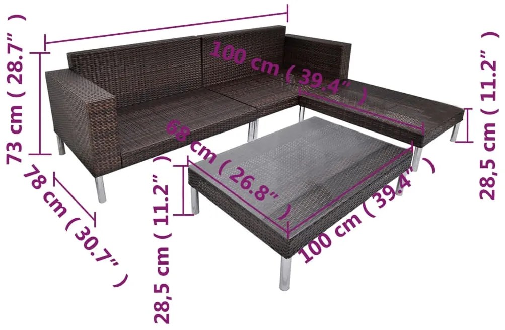 4 pcs conjunto lounge jardim c/ almofadões vime PE castanho