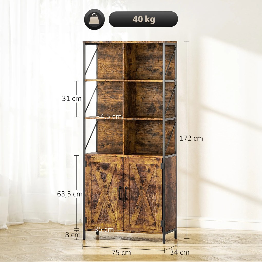 Estante de 6 Níveis Estante de Livros com Compartimentos Abertos 2 Portas Estilo Industrial 75x34x172 cm Castanho Rústico