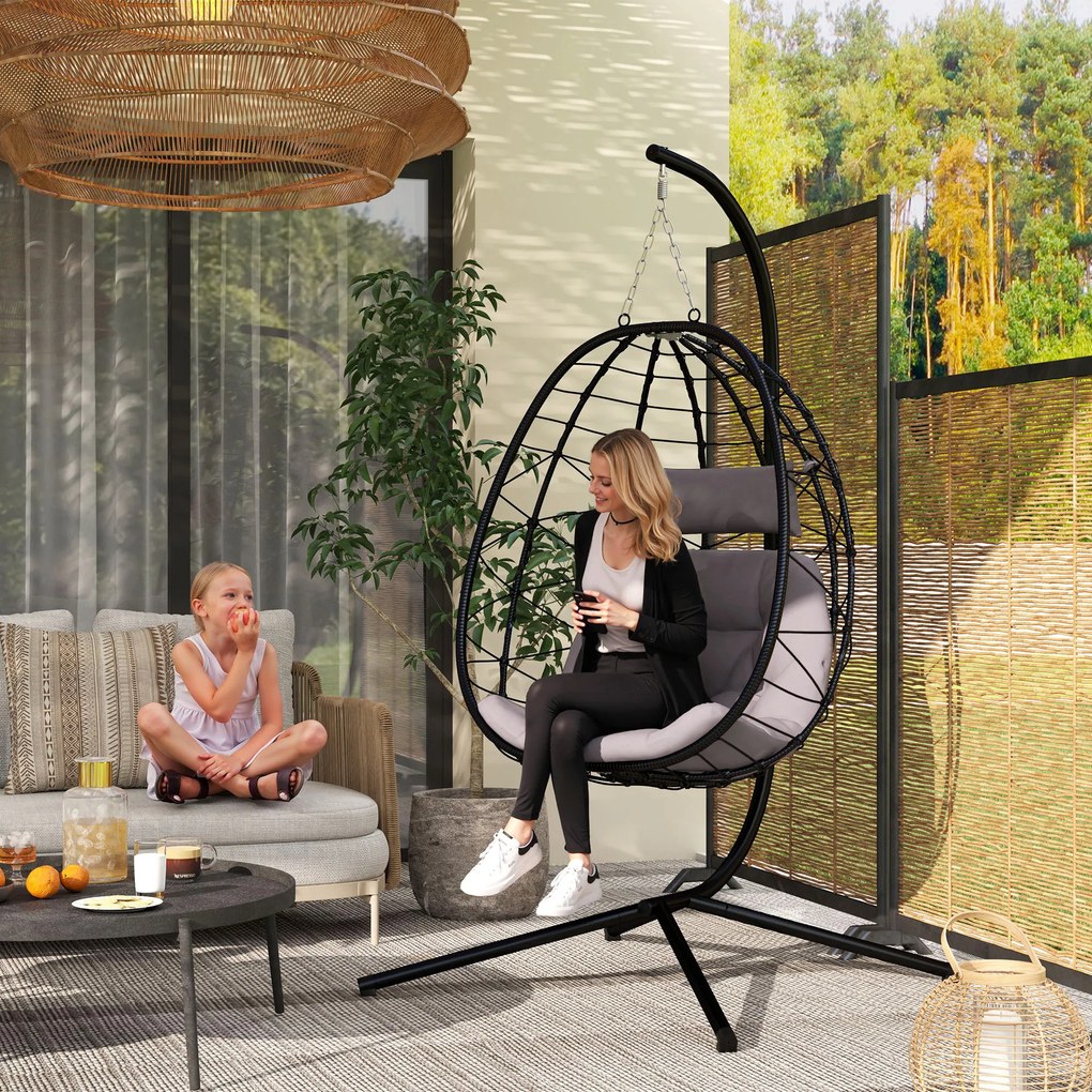 Cadeira Suspensa com Suporte Baloiço Jardim com Cesto Dobrável Almofada e Apoio de Cabeça 98x95x198 cm Cinzento