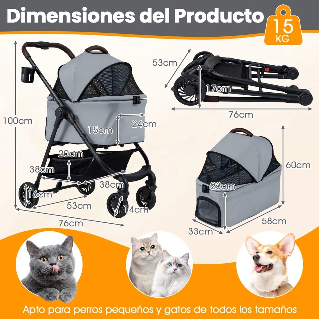 Carrinho para animais de estimação 3 em 1 dobrável com assento para carro, transportadora removível e toldo de malha ajustável para cães e gatos cinza