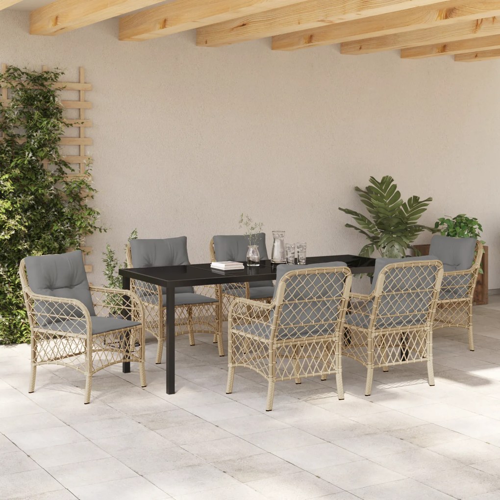 Conjunto de Jantar de Jardim 7 Peças com Almofadas Bege Vime Poly