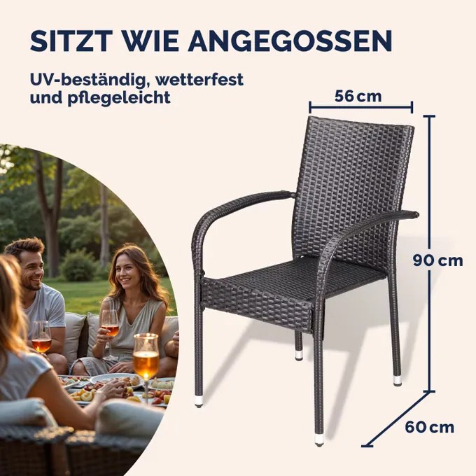 Conjunto de 4 Cadeiras jardim empilhável Comfort em Polyrattan Castanhas