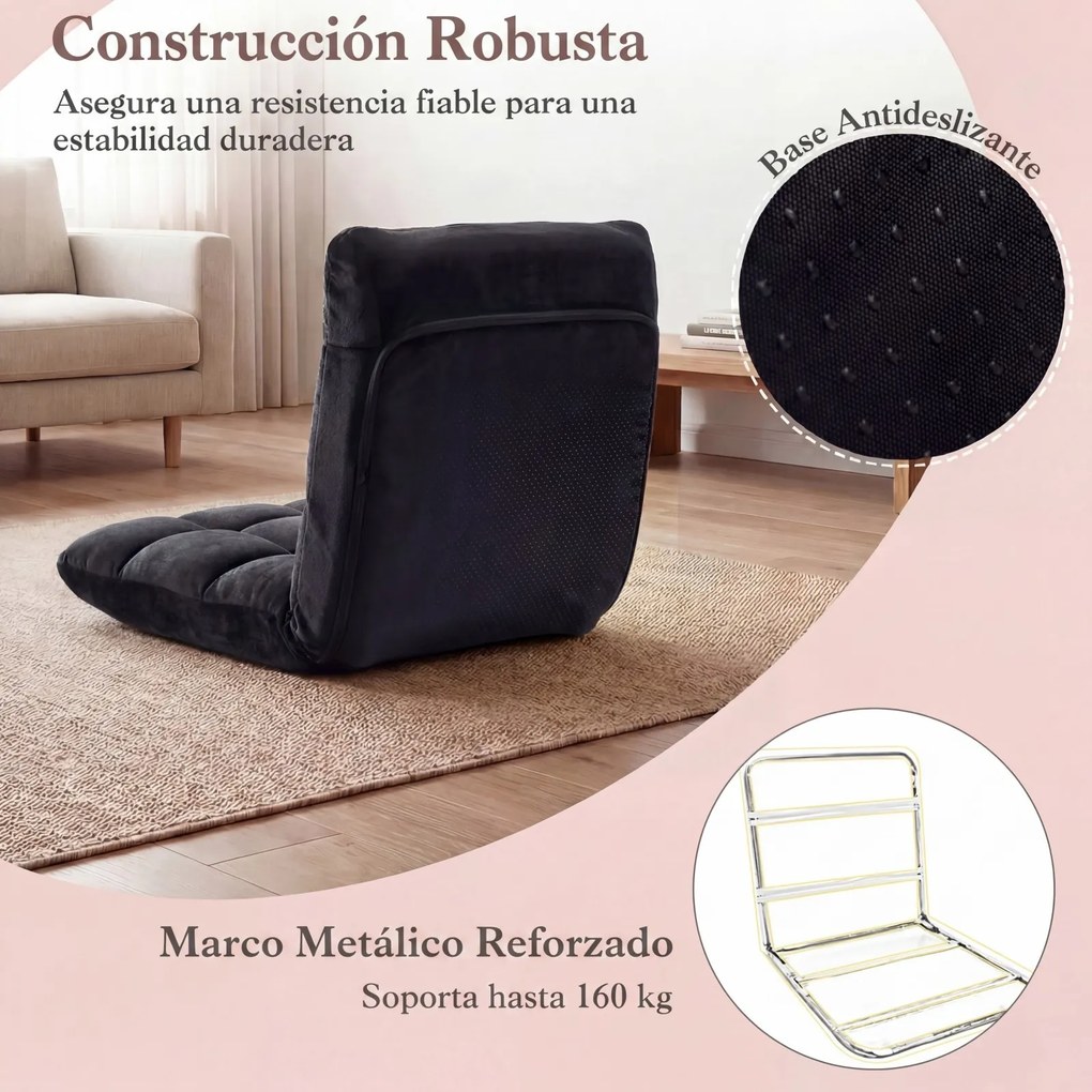 Cadeira de Chão Dobrável, 104 x 53 x 15 cm, Encosto Ajustável em 14 Posições, Preto