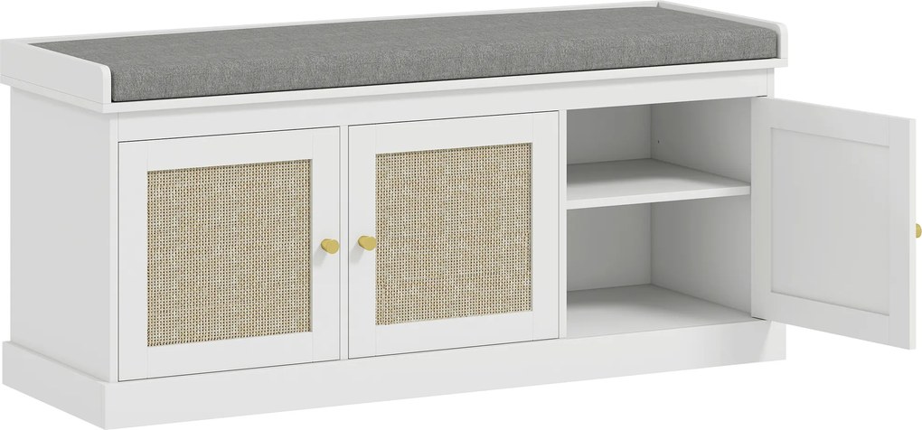 HOMCOM Banco Sapateira Entrada 9 pares Banco de Arrumação 3 portas em Vime Almofada e Prateleira Ajustável 105x35x47 cm Branco | Aosom Portugal