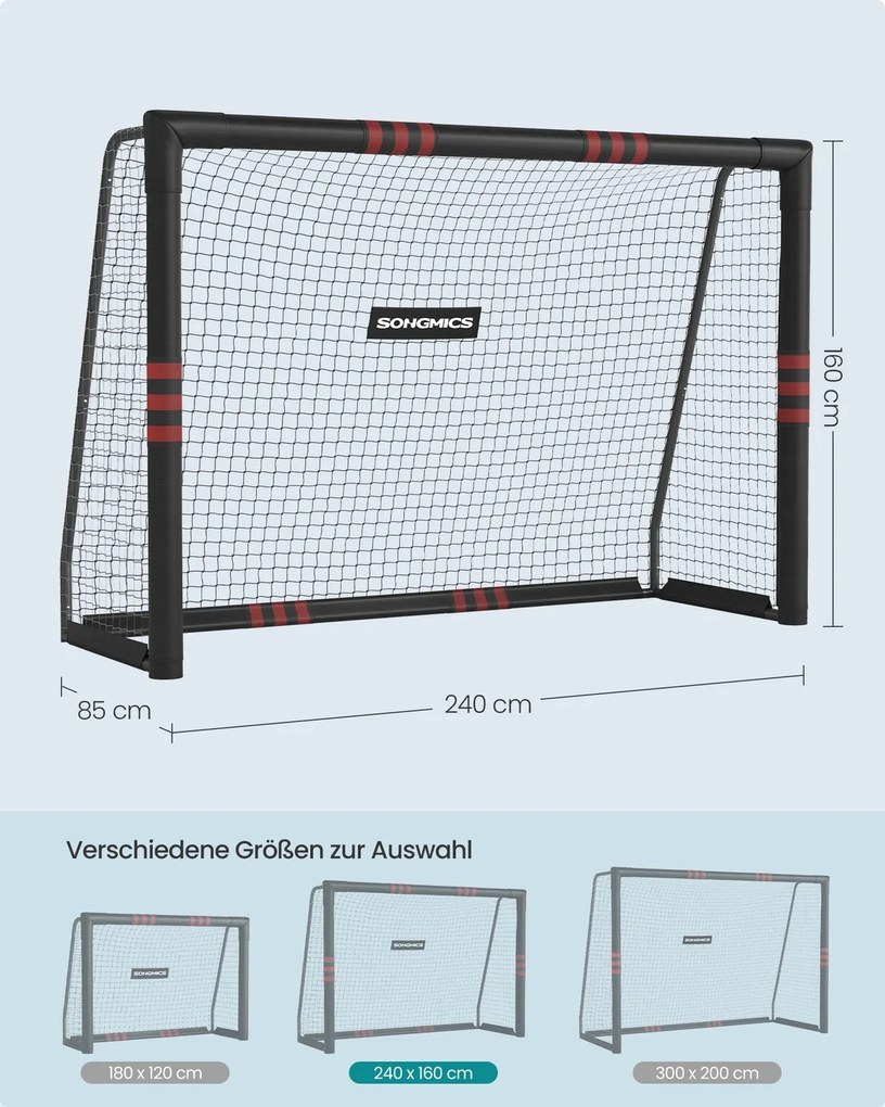 Baliza de futebol em tubo de aço com rede em PE para exterior, 85 × 240 × 160 cm, preta