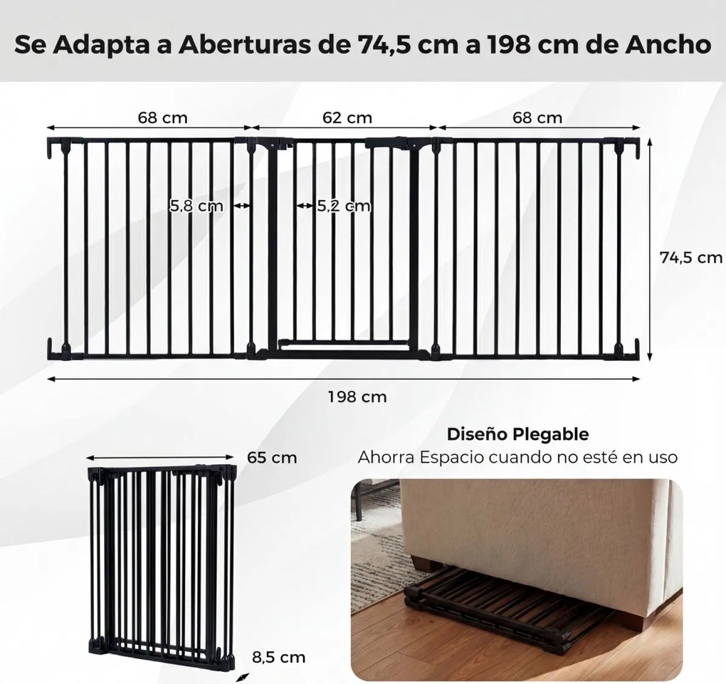 Barreira de segurança para crianças ou animais com 3 painéis metálicos 74,5-198 x 74,5 cm, bloqueio duplo e abertura bidirecional, preta