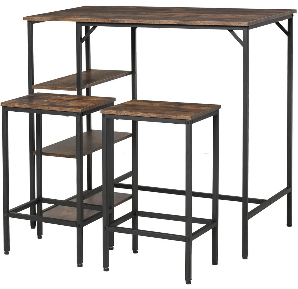 HOMCOM Conjunto de mesa de bar e 2 bancos com apoio para os pés e prateleiras de 3 níveis 109x60x100 cm marrom rústico | Aosom Portugal