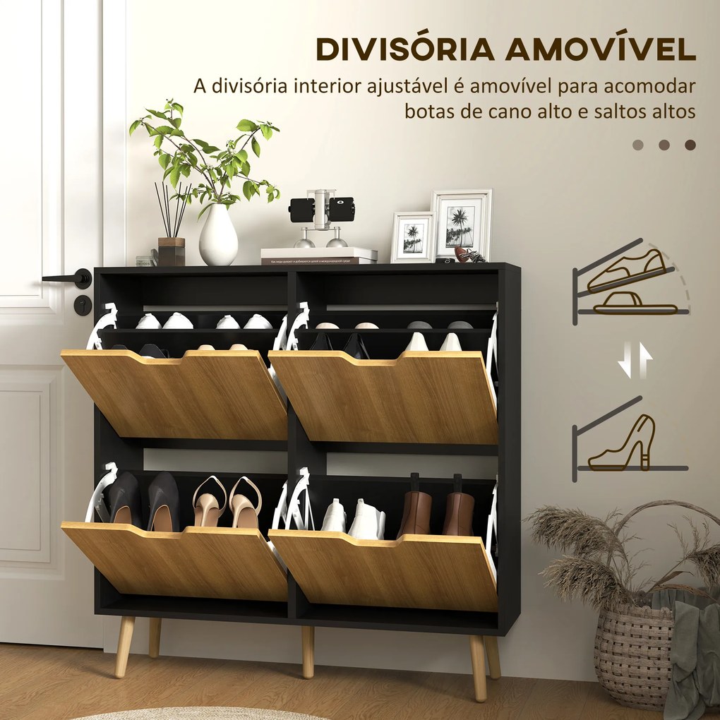 Sapateira para 16 Pares de Sapatos com 4 Gavetas e Prateleiras Ajustáveis 95x26x95 cm Madeira e Preto