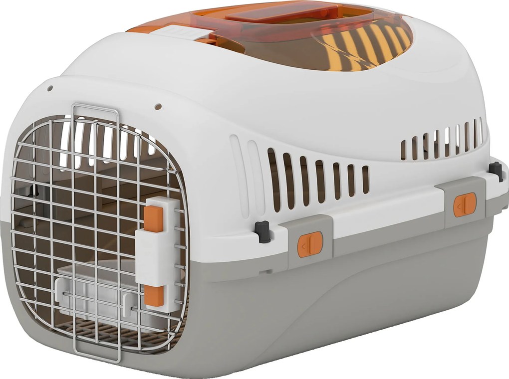 Transportadora para Gatos e Cães Pequenos de Plástico Suporta até 4 kg com Claraboia Taça Porta de Aço Cinzento Claro