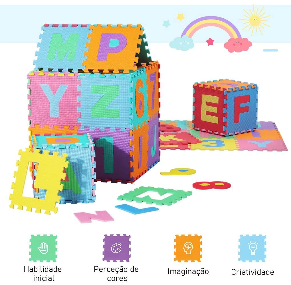 HOMCOM Tapete puzzle infantil 36 peças de 31x31cm Números de 0 a 9 e 26 letras do alfabeto Tapete de borracha de espuma para bebês e crianças 3,24㎡
