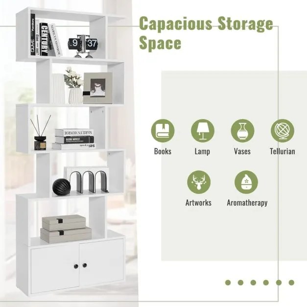 Estante em forma de S com 6 níveis e portas 70 cm x 23 cm x 183 cm Design moderno e versátil para organizar e decorar a sala, o quarto ou o escritório