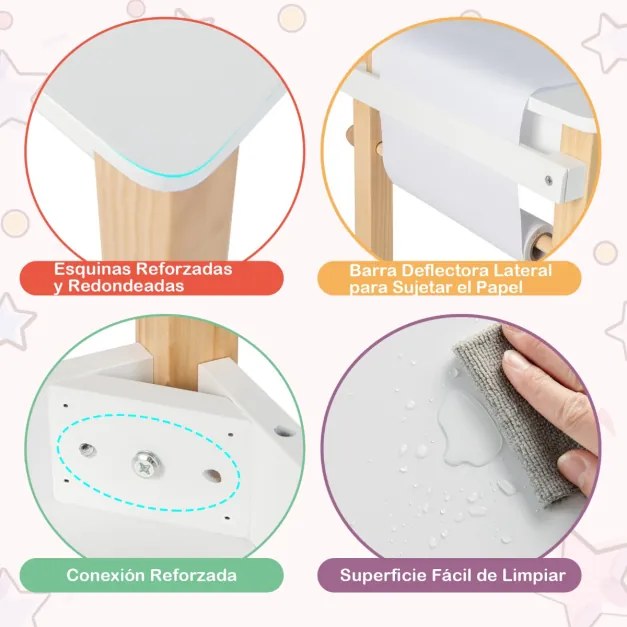 Conjunto de mesa e cadeira de arte para crianças Secretária e cadeira de desenho com pernas de madeira maciça Gaveta Rolo de papel 2 canetas marcadora