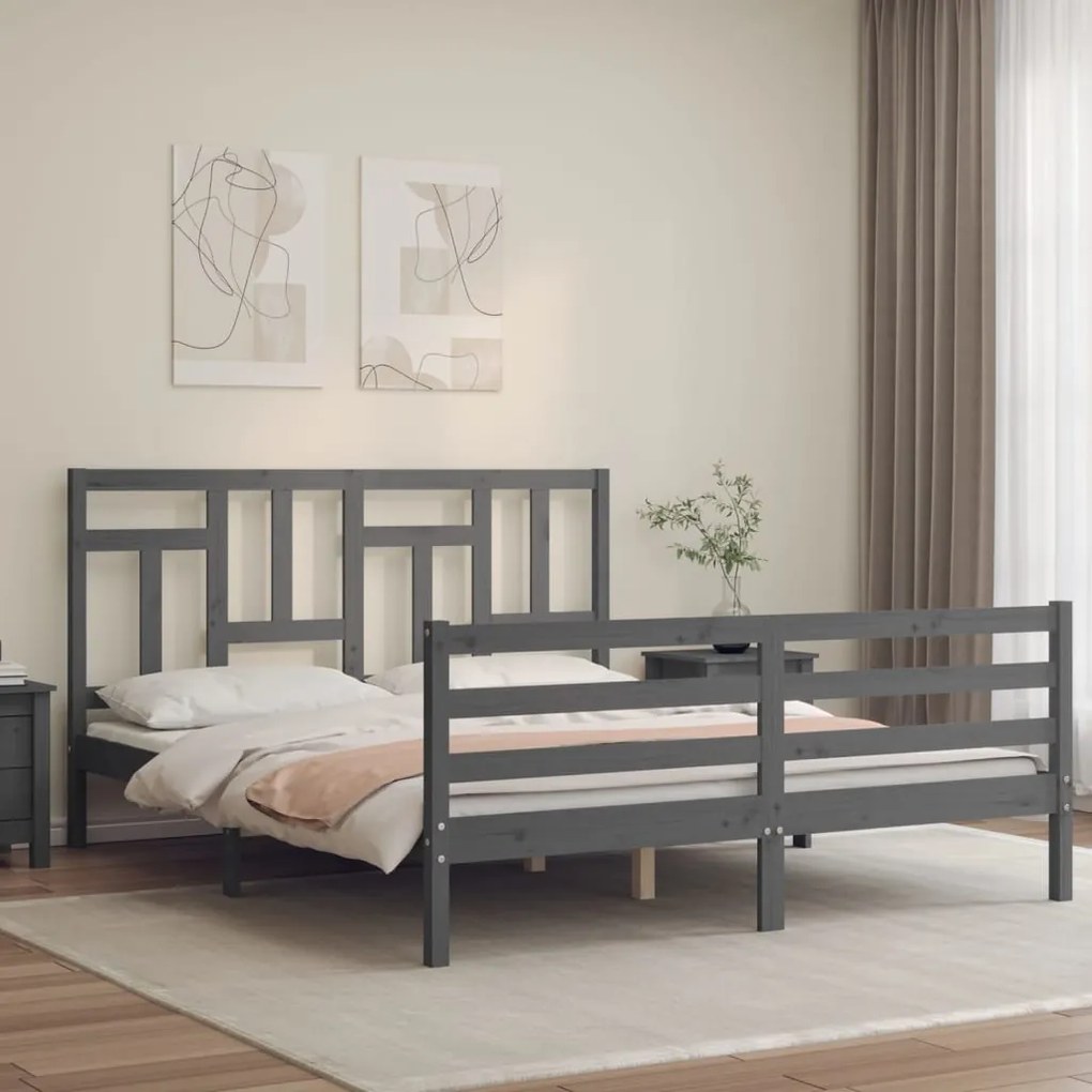 vidaXL Estrutura de cama King Size com cabeceira madeira maciça cinza