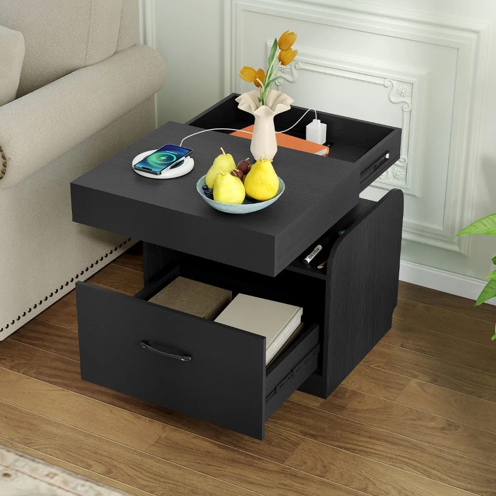 Mesa de cabeceira com estação de carregamento, gaveta e arrumação com tabuleiro e prateleiras abertas para quarto ou sala 50 x 40 x 55 cm Preto