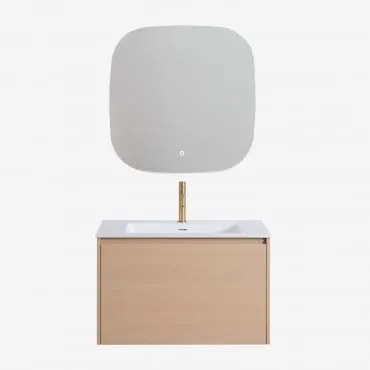 Conjunto De Móvel De Casa De Banho Suspenso 80x50 Cm Em Madeira Com Lavatório Integrado Jacob Madeira Natural & Quadrado Led - Sklum