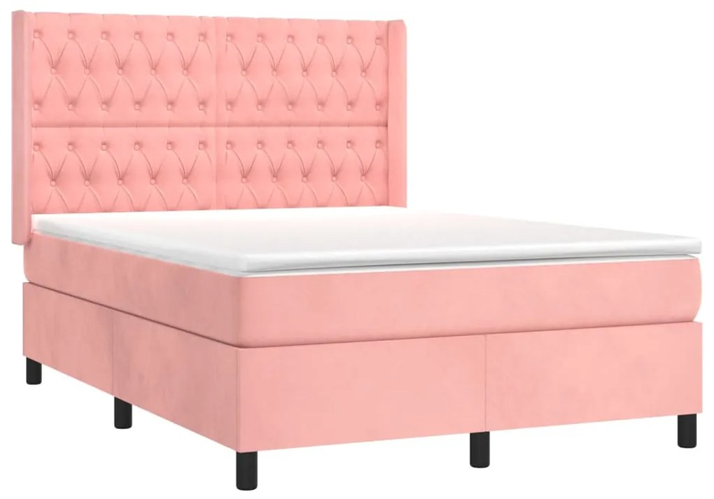 Cama box spring c/ colchão/LED 140x200 cm veludo rosa