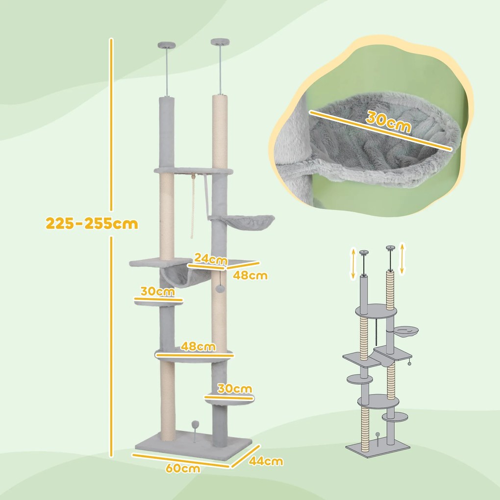 PawHut Arranhador para Gatos do Chão ao Teto 225-255 cm Arranhador par