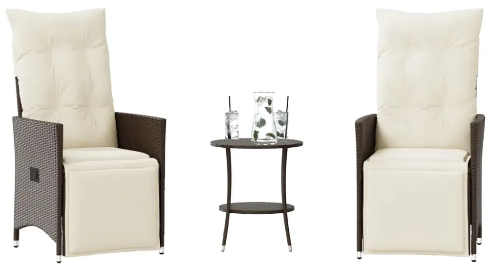 vidaXL 3 pcs conjunto bistrô com almofadões vime PE castanho