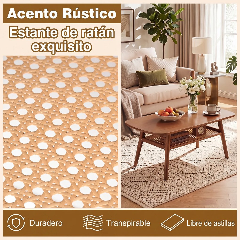 Mesa de Centro Retangular, 100 x 53,5 x 45,5 cm, Prateleira de Rotim PE, Castanho