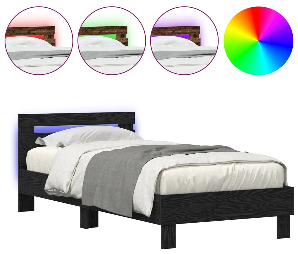 Cama vidaXL com Luzes LED Carvalho Preto 90x200 cm Madeira Reforçada