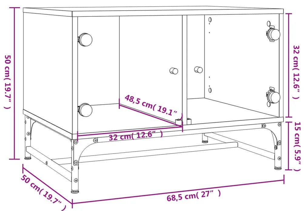 Mesa de centro c/ portas de vidro 68,5x50x50 cm cinza sonoma