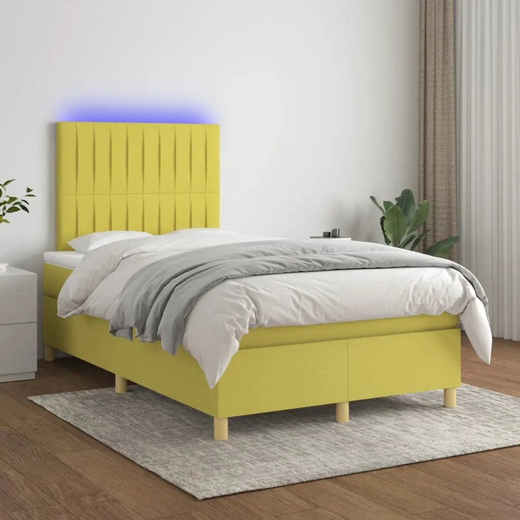 vidaXL Cama box spring c/ colchão e LED 120x200 cm tecido verde