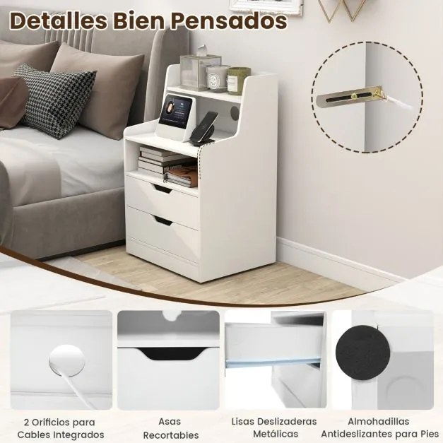 Mesa de cabeceira LED com estação de carregamento com 2 gavetas e prateleira aberta 45 x 35 x 72,5 cm Branca