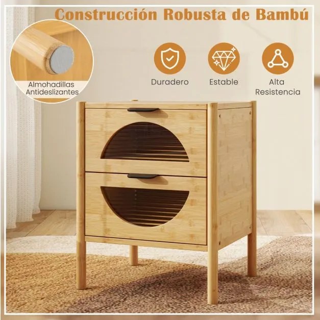 Mesa de cabeceira moderna 45 x 40 x 56 cm em bambu com 2 gavetas e frentes em vidro temperado estriado para sala de estar ou quarto Natural