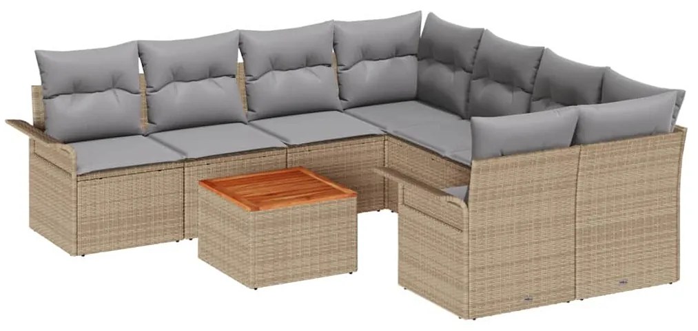 Conjunto de Sofá Jardim com 9 Peças e Almofadas Bege Polyrattan Acácia