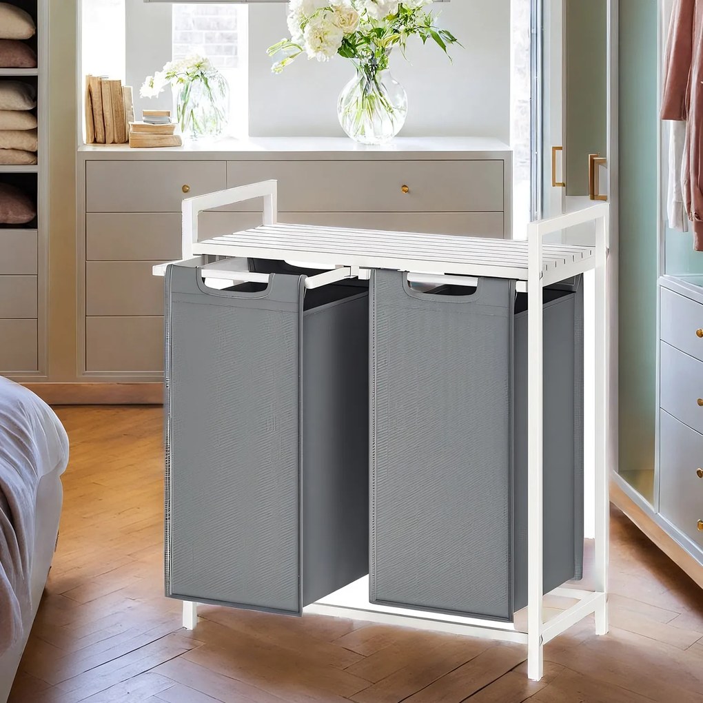 Cesto para roupa suja com 2 compartimentos e uma prateleira 73 x 33 x 72 cm branco + cinza claro