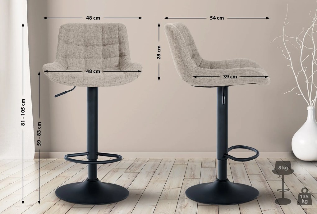 Conjunto de 2 bancos de bar Tover em tecido e com estrutura preta 48 x 81-105 x 54 cm Castanho acinzentado