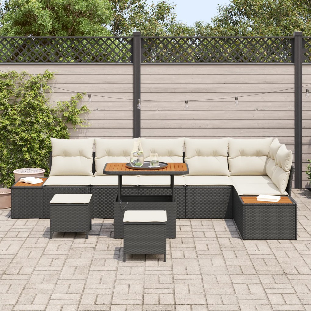 Conjunto de Sofá de Jardim vidaXL de 9 Peças com Almofadas Pretas Ratt