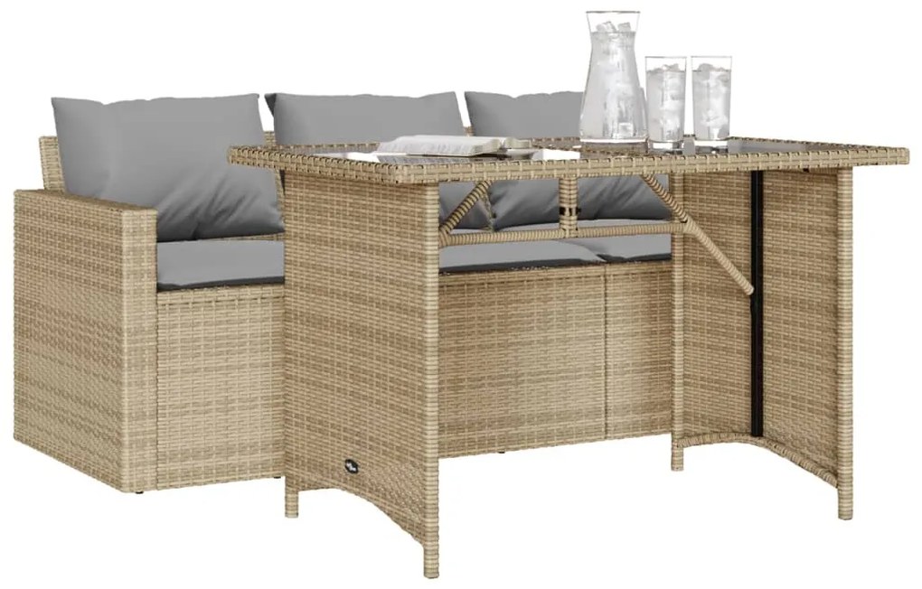 2 pcs conjunto de jantar p/ jardim com almofadões vime PE bege