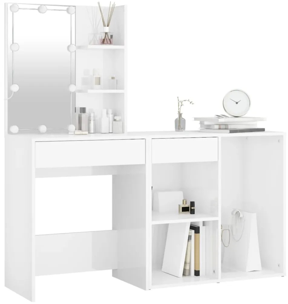 Toucador armário e luzes LED derivados madeira branco brilhante