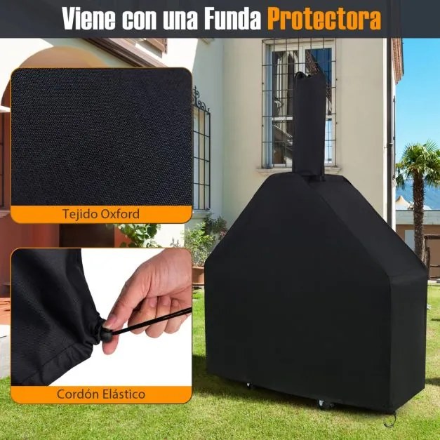 Forno para pizza para exterior com rodas Pedra para pizza Pá 2 grelhas Termómetro Prateleiras laterais para armazenamento Preto