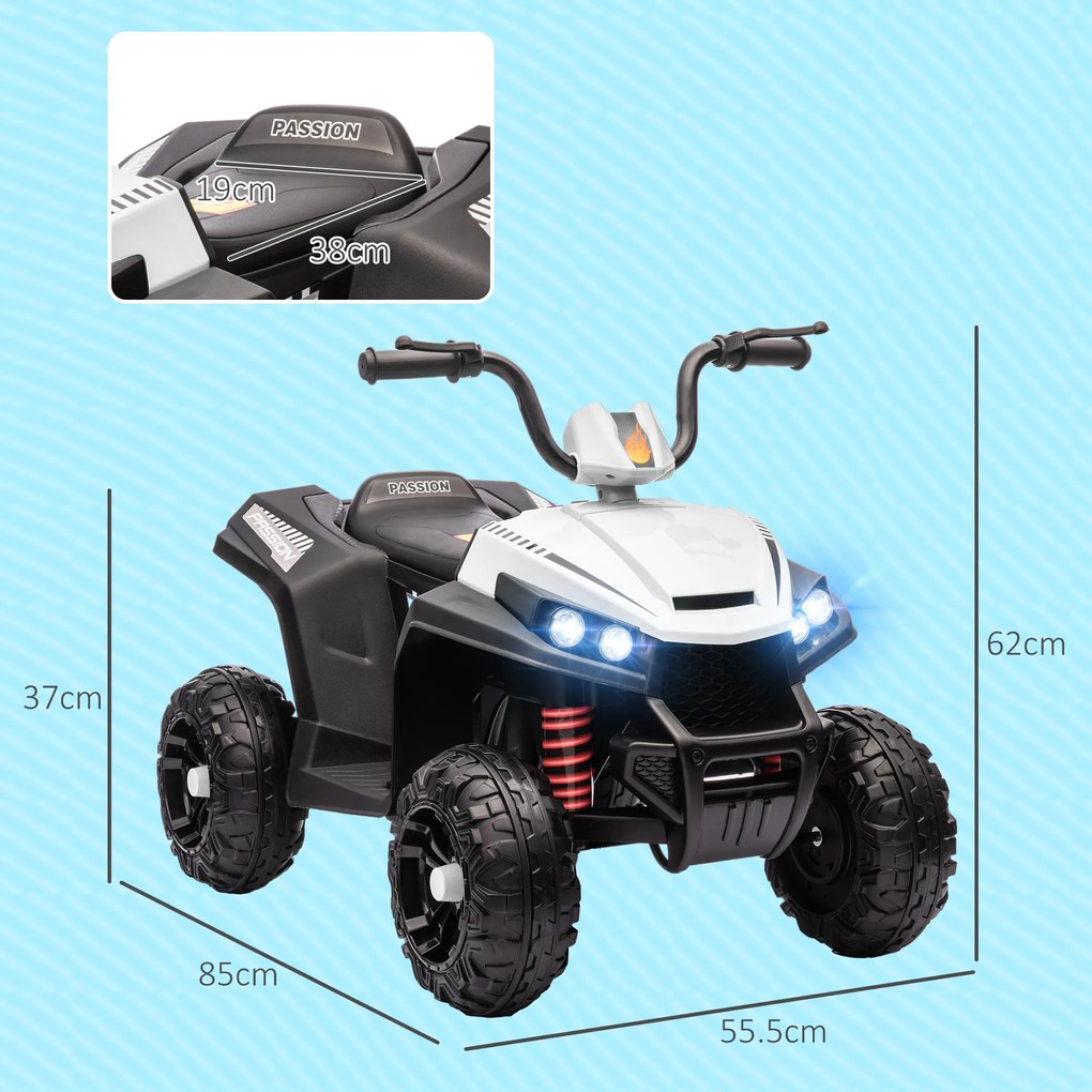Moto 4 Elétrica para Crianças com Bateria 12V Faróis e Música Carga 30 kg 85x55,5x62 cm Branco