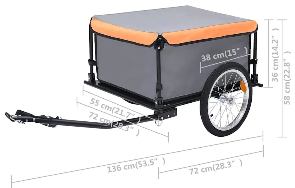 Reboque de carga para bicicleta 65 kg cinzento e laranja