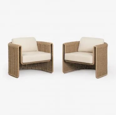 Pack De 2 Poltronas Em Aço E Rattan Sintético Lina Tecido Gardénia Branco - Sklum