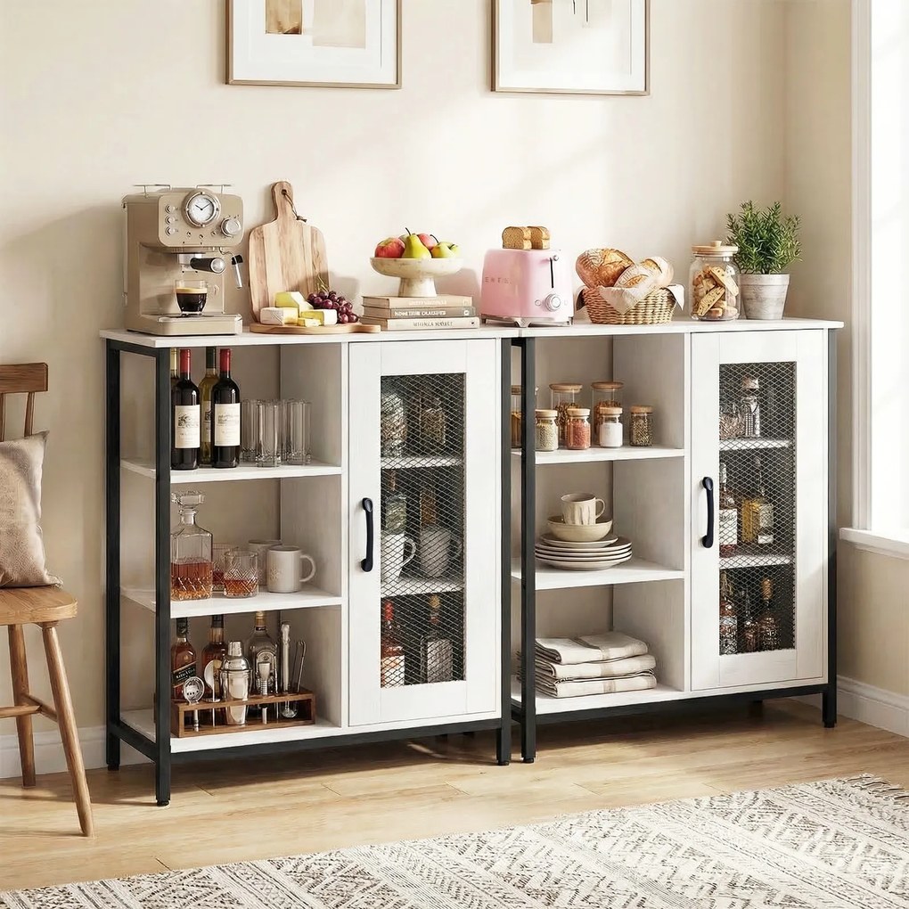 Aparador de Cozinha com Porta de Rede, 70 x 30 x 81 cm, Prateleiras Ajustáveis, Branco
