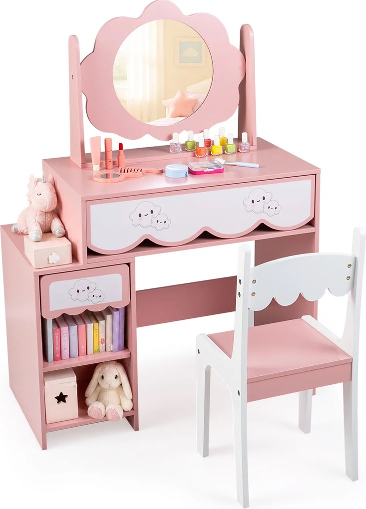 Conjunto de Toucador Infantil e Cadeira, 80 x 40 x 112 cm, Amplo Espaço de Arrumação, Cor-de-rosa