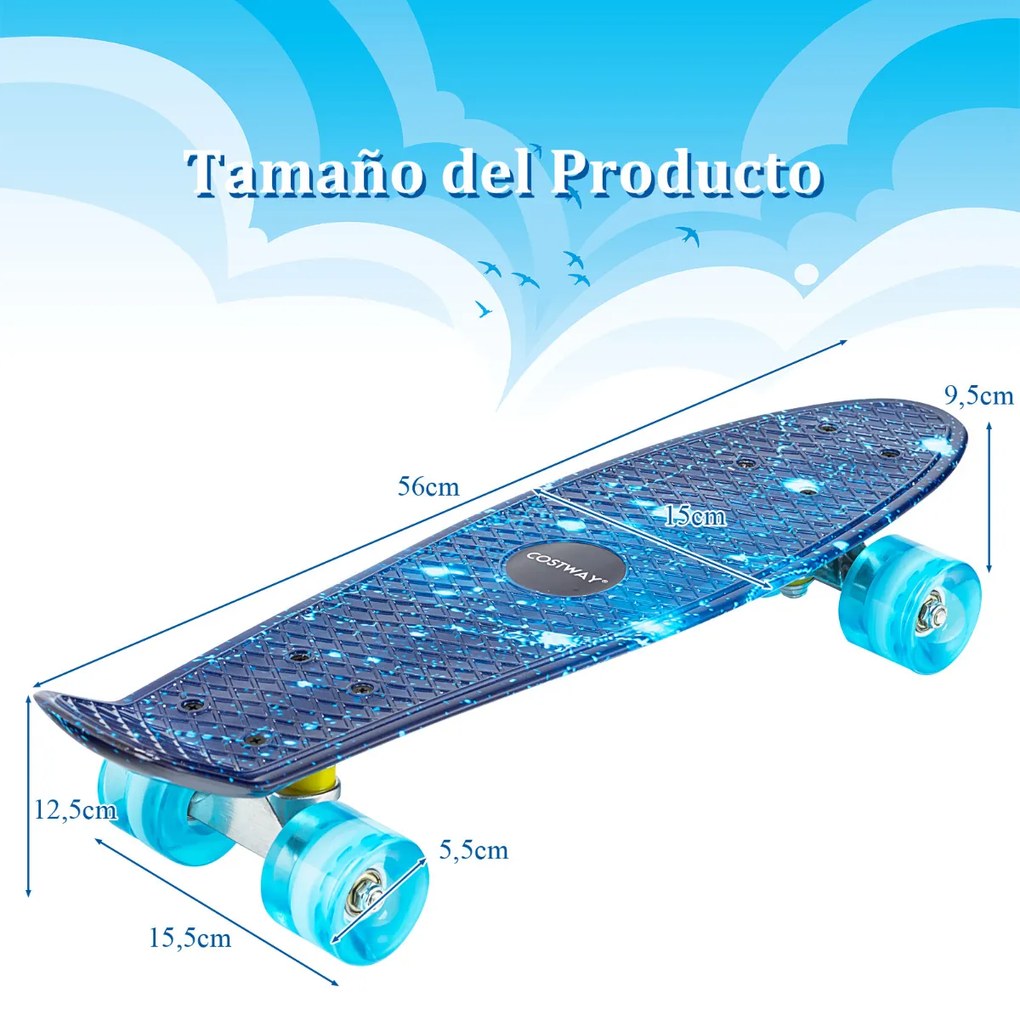 Mini Skate 56 cm Skate Completo com Rodas PU Silent Roll Galaxy Padrão para Iniciantes Crianças 6+ Anos Azul