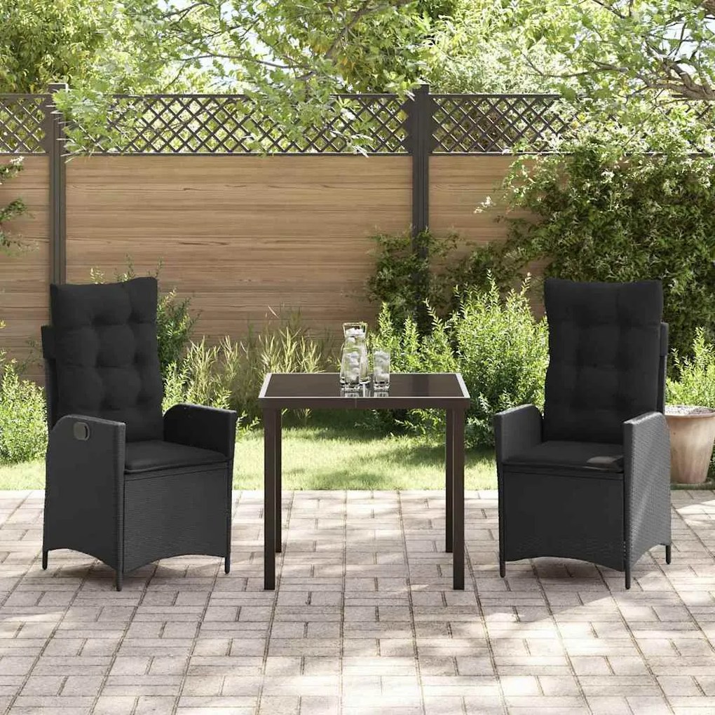 Conjunto de Jantar para Jardim com 3 Peças e Almofadas - Preto, Rattan