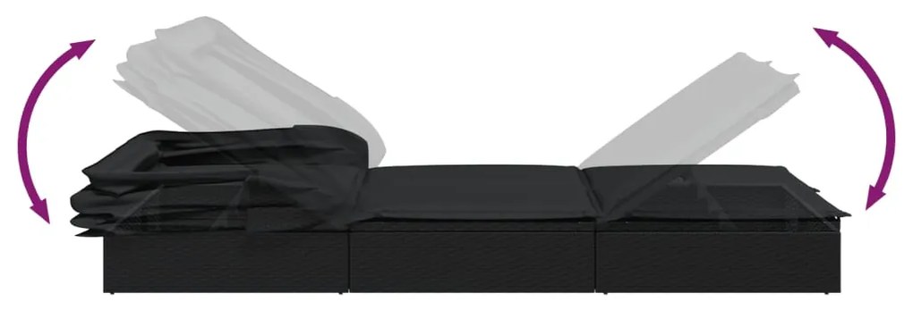 Espreguiçadeira c/ teto dobrável 213x63x97 cm vime PE preto