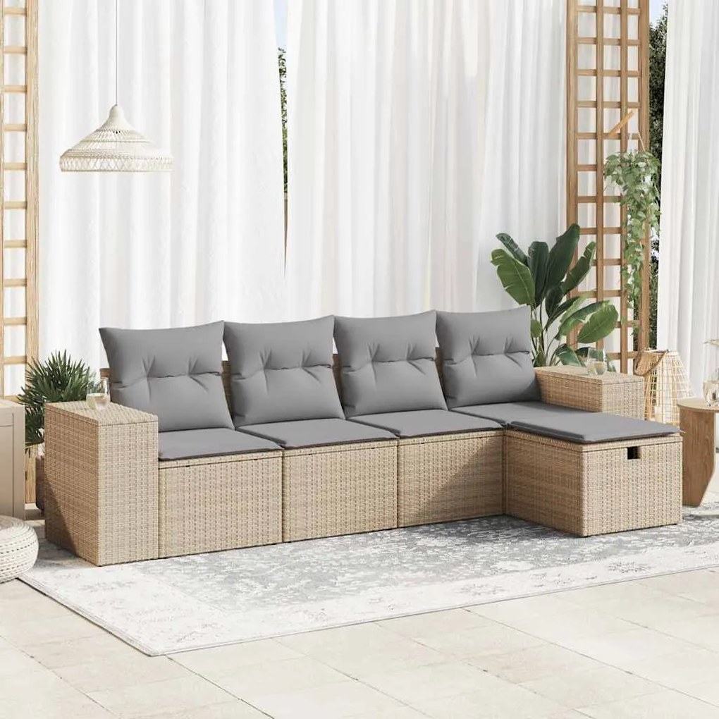 5 pcs conjunto de sofás p/ jardim com almofadões vime PE bege